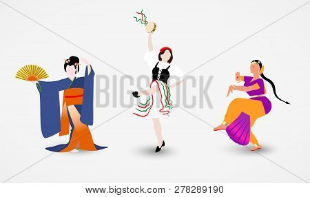 Set Of Illustrations Of Women Of Different Races Dressed In National Costumes Dancing The Folk Dance
