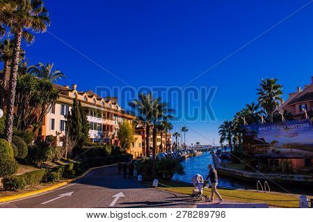Port Of Sotogrande. Port, Sea, Yachts And Colorful Houses. Sotogrande, Costa Del Sol, Andalusia, Spa