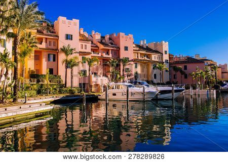 Port Of Sotogrande. Port, Sea, Yachts And Colorful Houses. Sotogrande, Costa Del Sol, Andalusia, Spa