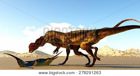 Dilophosaurus Dinosaurs 3d Illustration - A Eurohinosaurus Marine Reptile Lays Helpless On The Tidal
