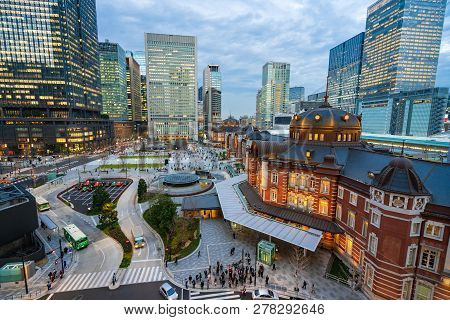 Tokyo Station, Tokyo, Japan - December 26, 2018: Railway Or Train Station In Marunouchi Surround By 