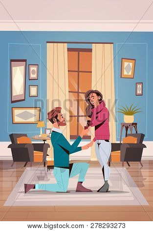 Man Kneeling Holding Engagement Ring Proposing Woman Marry Him Couple In Love Wedding Marriage Offer
