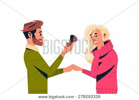Man Holding Engagement Ring Proposing To Woman Marry Him Happy Valentines Day Concept Couple In Love
