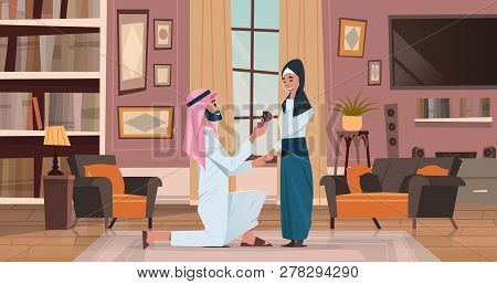 Arab Man Kneeling Holding Engagement Ring Proposing Arabic Woman Marry Him Couple In Love Wedding Ma