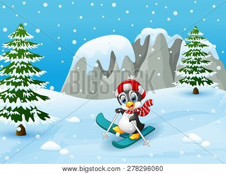 Vector Illustration Of Cute Penguin Skiing On Winter
