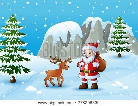 Vector Illustration Of Winter Background With Santa Claus And Deer