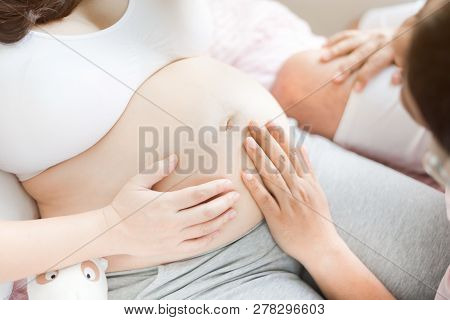 Asian Pregnant Woman With Big Belly. Mother Day And International Women Day. Will Be Mom And Having 