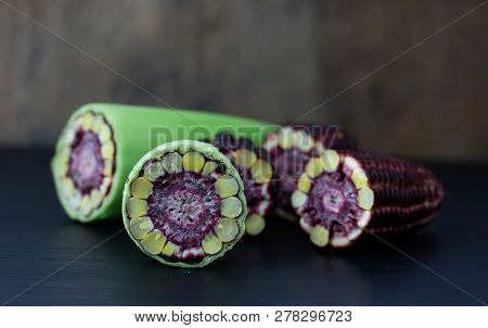 Fresh Purple Corn Fruit Isolate On White Cut Haff