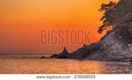 Sunset Of Winter Haeundae Beach, Busan , South Korea, Asia