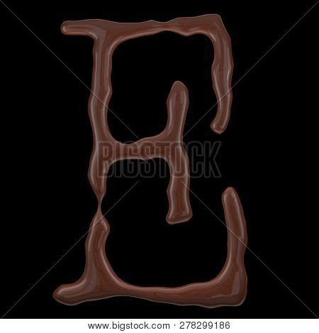Letter E from chocolate droplets. Isolated on black background. 3d rendering.