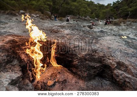 Flames of Chimera Mount from the underground. Fire from the natural gas in the rocks in Cirali, Turkey.