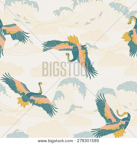 Japanese Storks In Vintage Style On White Background. Oriental Traditional Painting. White Stork. Ja