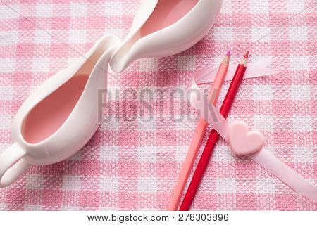 Couple Cup Of Love Concept, Valentine's Day Holiday Celebration Background.