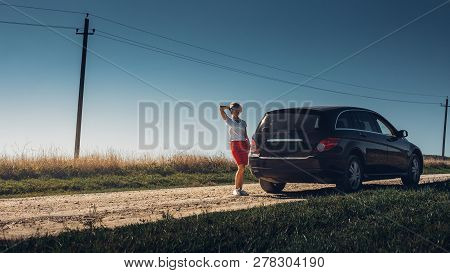 Beautiful Adult Woman Enjoying Road Trip. Successful Woman Freedom Holidays Concept. Vacation, Motiv