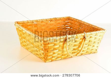 Close-up Of Vimini Bamboo Wooden Basket Object On A White Background