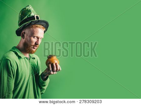 St Patricks Day. Patricks Day Pot Of Gold And Shamrocks. Red Hair Man In Saint Patricks Day Leprecha