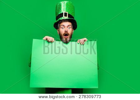 Man On Green Background Celebrate St Patricks Day. Green Patricks Background. Copy Space