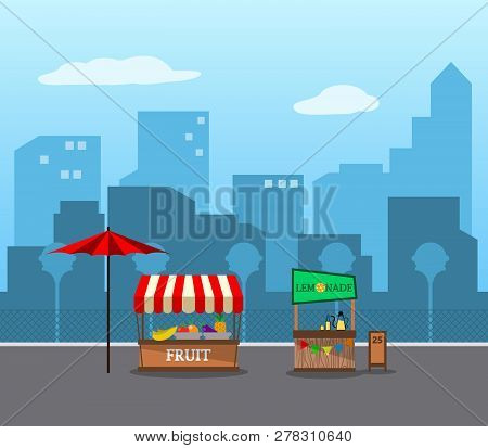 Lemonade And Fruit Stall In The City.