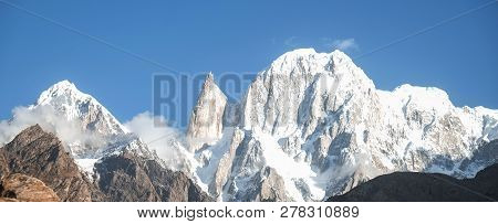 Panoramic View Of Snow Capped Hunza Peak And Ladyfinger Peak. Hunza Valley, Gilgit Baltistan, Northe