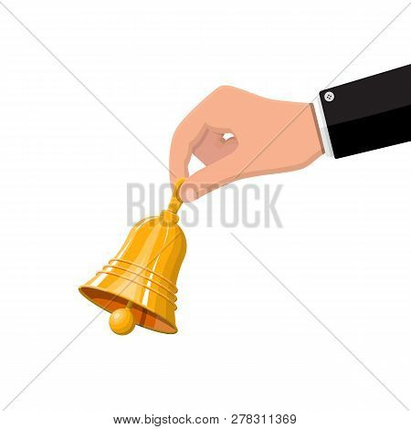 Gold School Bell In Hand. Retro Christmas Handlebell. Happy New Year Decoration. Merry Christmas Hol