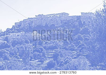 Stylized Blue And White Image Of The Parthenon On The Acropolis In Athens, Greece With A White Sky C