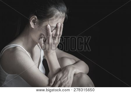 Teenage Girls With Problems, Sad Depressed Woman Suffering From Family Life. Women Sitting In Dark R