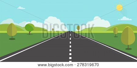 Road To Nature Backgroud Vector Illustration.street With Field , Hills , Clouds , Trees And Sun.beau