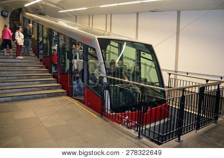Floibanen funicular to Mt Floyen at Bergen City . June 26,2018. Bergen, Norway
