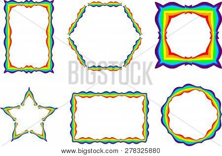Set Of Different Rainbow Color Frames And Borders On White Background. Decorative Design Elements.