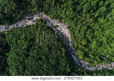 Green Nature Scenic Of Rain Forest With Curve Of River Sunrise