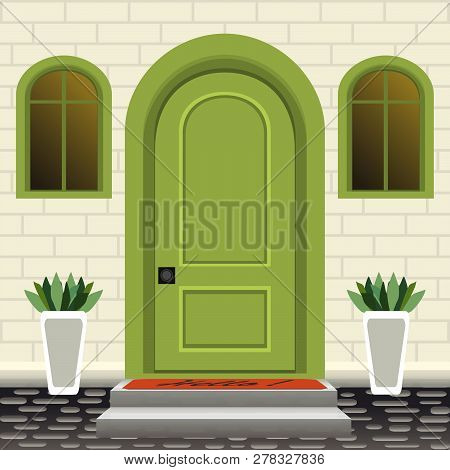 House Door Front With Doorstep And Steps, Lamp, Flowers In Pots, Building Entry Facade, Exterior Ent