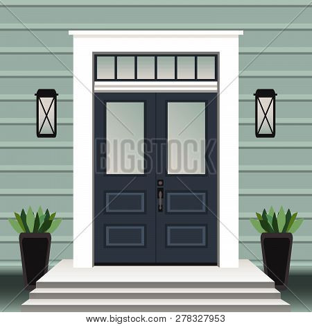 House Door Front With Doorstep And Steps, Window, Lamp, Flowers In Pot, Building Entry Facade, Exter