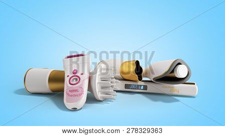 Set Of Equipment For Hair Care Hair Dryer Epilator Curling Iron Hair Straightener 3d Render On Blue