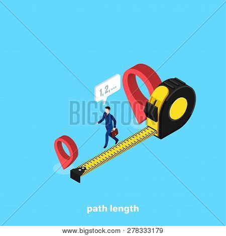 A Man In A Business Suit Measures The Distance Between Two Points, An Isometric Image