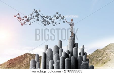 Young Female Doctor With Folder In Hands Satnding On Stone Column. 3d Rendering