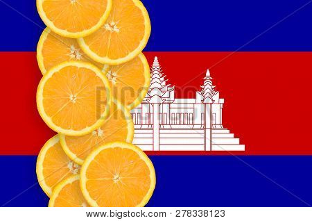 Cambodia Flag And Citrus Fruit Slices Vertical Row