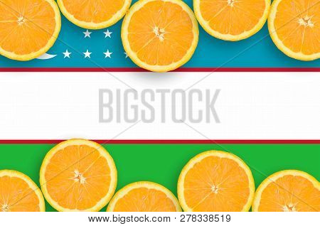 Uzbekistan Flag  In Citrus Fruit Slices Horizontal Frame