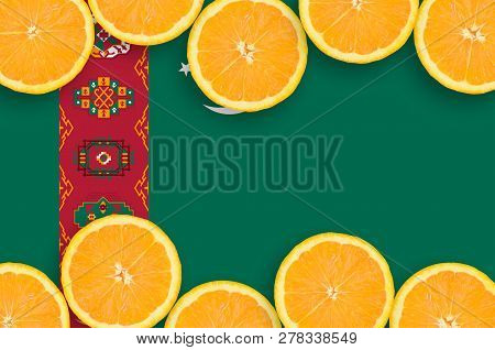 Turkmenistan Flag  In Citrus Fruit Slices Horizontal Frame
