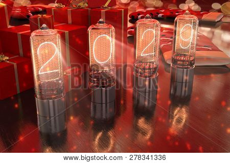 Year 2029 Is Displayed On Old Television Incandescent Lamps On The New Year Red Background, 3d Illus