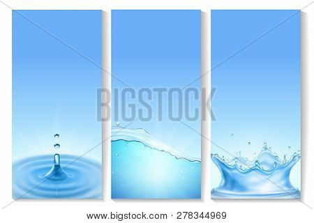 Vetical Transparent Water Wave Banners With Bubbles Flows And Drops Of Crystal Clear Water Of Light 