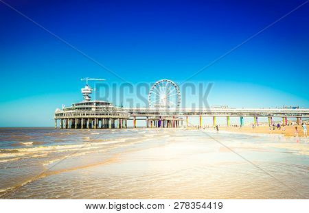 Scheveningen Pier With Ferry Wheel At Beach, The Hague Netherlands, Retro Toned