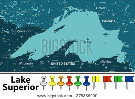 Vector Map Of Lake Superior With Countries, Big Cities And Icons