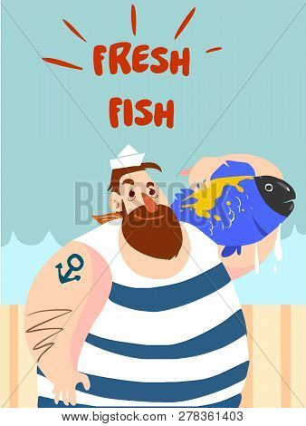 Fishing Fisherman With Fish In Hands Vector Illustration.