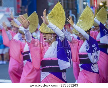 Tokyo - Aug 26 : Participants In The Awa Odori Festival In Tokyo, Japan On August 26 2018. Awa Odori