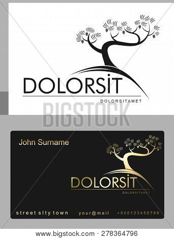Vector Emblem Stylized Tree Or Plant. Logo Sign And Symbol. Silhouette Drawing Of The Japanese Mount