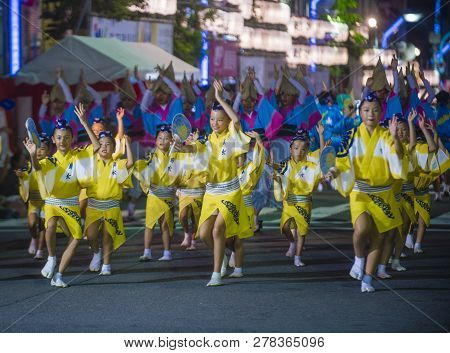 Tokyo - Aug 26 : Participants In The Awa Odori Festival In Tokyo, Japan On August 26 2018. Awa Odori