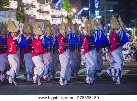 Tokyo - Aug 26 : Participants In The Awa Odori Festival In Tokyo, Japan On August 26 2018. Awa Odori
