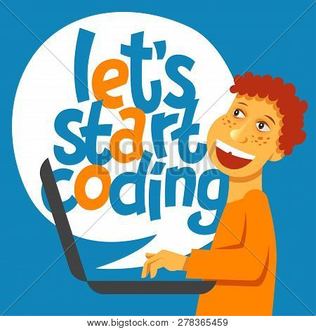 A Vector Image With A Boy Coding And A Lettering Play Learn Code. A Children Coding Theme Text With 