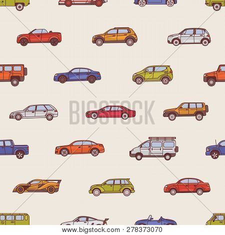 Seamless Pattern With Automobiles Of Various Types - Cabriolet, Sedan, Pickup, Hatchback, Suv, Miniv