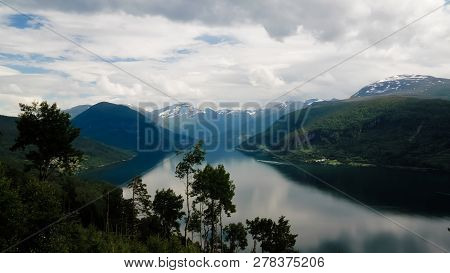 Landscape Panoramic View To Innvikfjorden, Innvik And Utvik Village In Norway